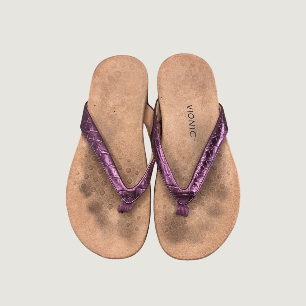 Vionic Dillon Croc Sandals‎ 8.5 Purple Metallic Orthotic Flip Flops Comfort Boho